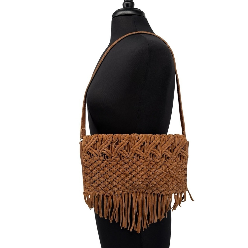 Lucky Brand Daisy 100% Leather Suede Macrame Shoulder Bag Camel Tan Fringe Boho